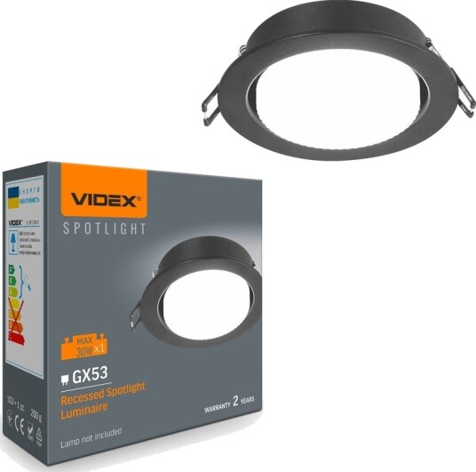 Videx GX53 innfellingsspot   sort rund uten lyskilde