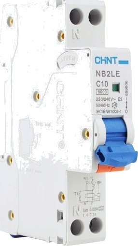 Chint Kombinasjonsbryter RCBO Chint, 1P+N, C, 10A, 30mA, 6kA 1-modul