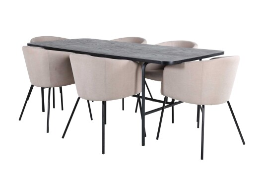 Venture Design Uno & Berit spisegruppe Beige/svart 6 stoler & bord 200 x 90 cm