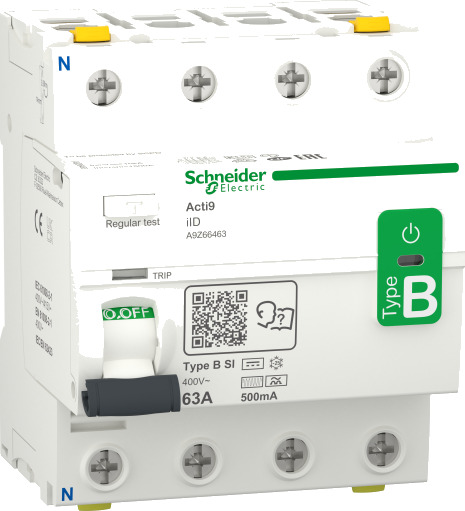 Schneider Electric Rccb earth leakage protection 4p 63a 500ma b-class-si super immun ac/dc for installations with 3phase speed drive and inverter due to dc current (3606489502911)