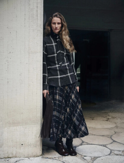 Mango Blouse With Check Pattern And Foulard Collar Grey M Mango Blouse With Check Pattern And Foulard Collar Grey M