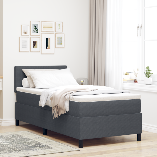 Box Spring Seng med Madrass & LED Mørk Grå Enkel Corduroy Stoff