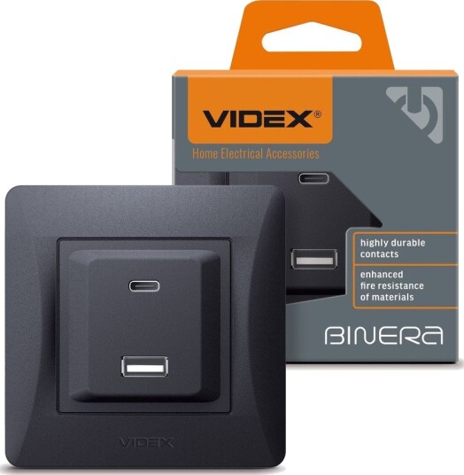 Videx USB-A + Type-C stikkontakt 20W hurtiglader - Sort grafitt, 2.4A, IP20 innendørs Videx USB-A + Type-C stikkontakt 20W hurtiglader - Sort grafitt, 2.4A, IP20 innendørs