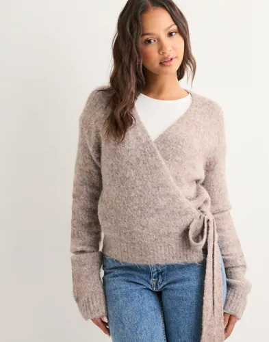 Neo Noir Beige Ronia Fluffy Wrap Knit Cardigan