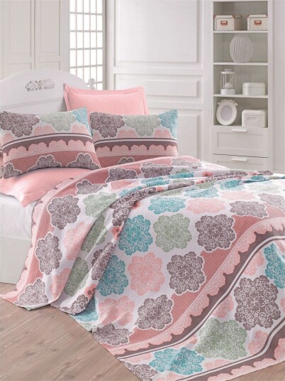 Eponj Home Sengeteppe Enkelt 160x235 cm Turkis/Rosa/Krem