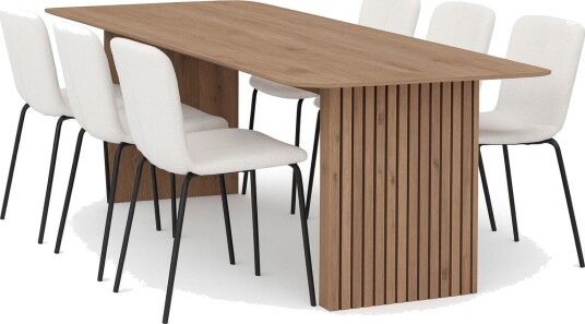 Richeto spisebord 180 cm med 6 Katy spisestoler - Naturlig finish / hvit bouclé / metallben svart