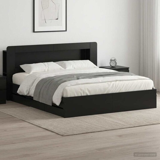 Sengeramme med oppbevaring Svart 180 x 200 cm Konstruert tre Sengeramme med oppbevaring Svart 180 x 200 cm Konstruert tre