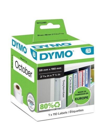 DYMO LW multifunksjonelle/brevordner etiketter, 59mm x 190mm, ruller med 110 stk., selvklebende, original