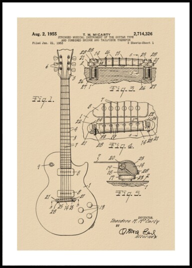 Vintage Guitar Patent Drawing Plakat / 50x70