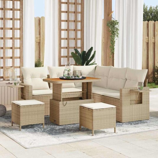 8-delt hagesofa sett med puter i beige poly rattan og akasie