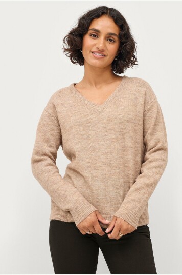 Ellos Collection Strikket genser med V hals Beige