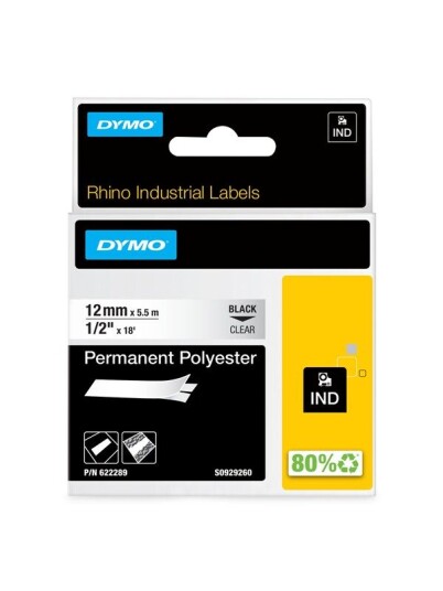 DYMO Dymo Rhino permanent polyester 12mm x 5.5m - sort p klar DYMO Dymo Rhino permanent polyester 12mm x 5.5m - sort p klar