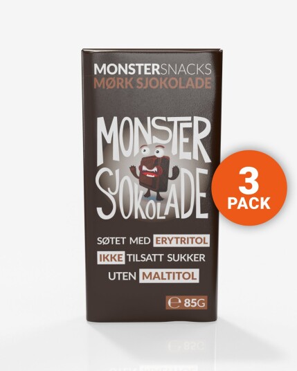 Monster Lavkarbo Belgisk Mørk Sjokolade – UTEN MALTITOL 3x85g Monster Lavkarbo Belgisk Mørk Sjokolade – UTEN MALTITOL 3x85g