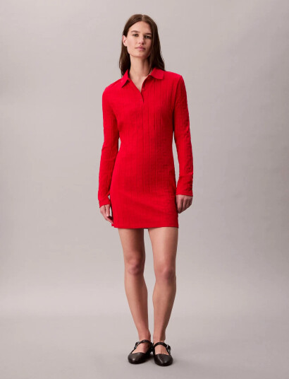 Calvin Klein Jeans Aop Jacquard Ls Polo Dress - Red - XXS