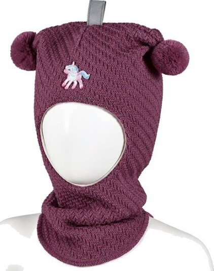 Kivat Ull Balaclava Vaffelstrikk Med Enhjørning Dark Heather Pink 1 (1-2år)