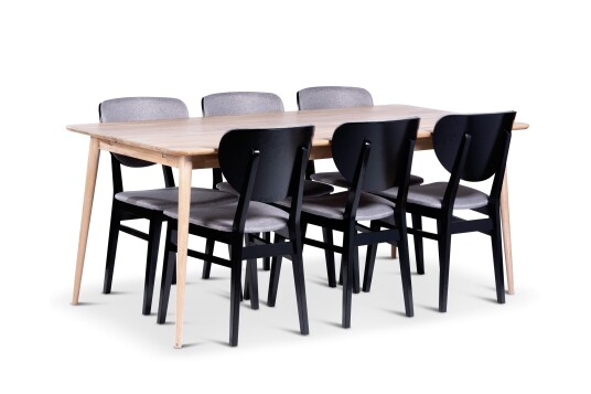 Odense Spisegruppe 180 cm med 6 Borgholm Stoler i heltre Natur/Svart