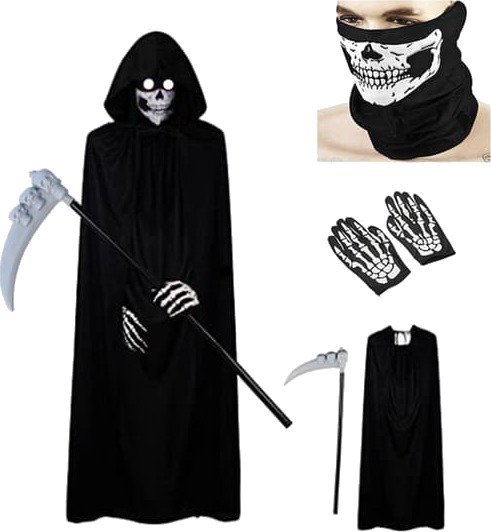 Halloween Dødskostyme til Barn med Kappe, Lysende Øyne, Maske, Hansker og Ljå 130 cm 5 Deler
