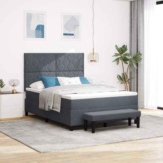 Box Spring Seng med Madrass & Benk Mørk Grå 140x190 cm Fløyel