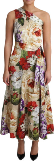 Dolce & Gabbana Print Silk Stretch One Shoulder Floral Dress Beige M