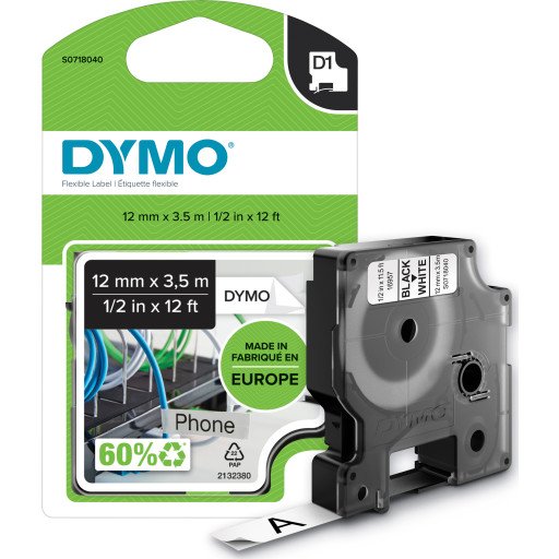 DYMO D1 tape Flexibel Nylon, 12mm x 3,5m rull, sort på hvit, selvklebende tape til LabelManager printere, original DYMO D1 tape Flexibel Nylon, 12mm x 3,5m rull, sort på hvit, selvklebende tape til LabelManager printere, original