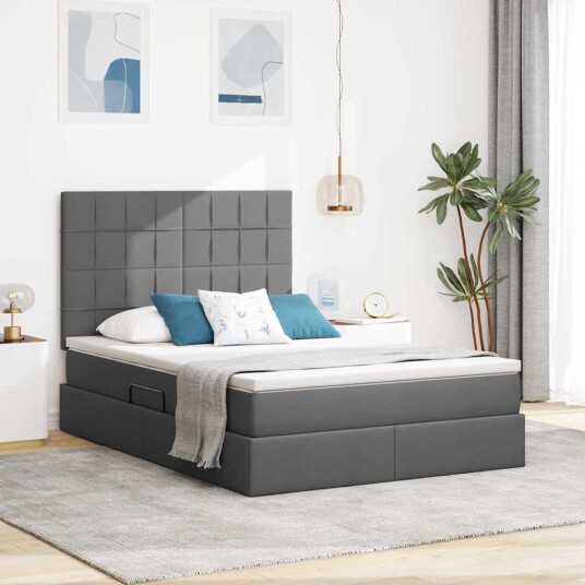 Seng med Oppbevaring med madrass Mørkegrå 140 x 200 cm Kunstlær Seng med Oppbevaring med madrass Mørkegrå 140 x 200 cm Kunstlær