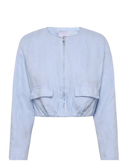 Mango Cropped Linen Jacket With Pockets - Blue - S