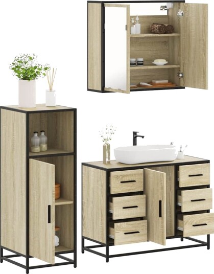 Baderomsskapsett 3 deler sonoma eik konstruert tre 8721102924675 Baderomsskapsett 3 deler sonoma eik konstruert tre 8721102924675