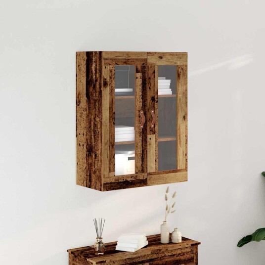 Vegghengt Hylle med Glassdører Gamle Tre 69,5x34x90 cm