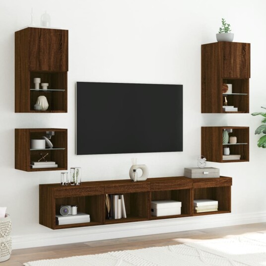  Vegghengt TV-benk med LED 2 stk brun eik 30x28,5x30 cm 836986