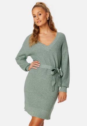 VILA Ril V-Neck L/S Belt Knit Dress Laurel Wreath Detail M