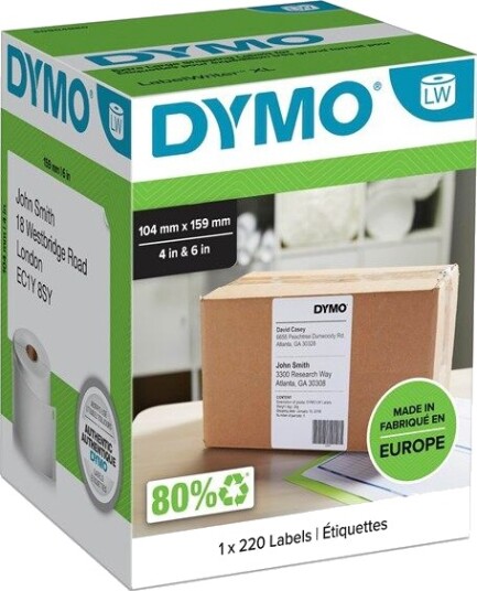 DYMO LW ekstra store forsendelsesetiketter til LabelWriter 4XL etikettprinter, 104mm x 159mm, Ruller med 220 stk., sort på hvit, original