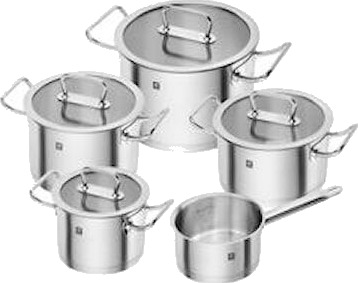 Zwilling Pro grytesett/boks 9 deler, 5 kasseroller og 4 glasslokk
