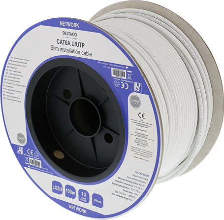 Deltaco Cat6a 100m Slim U/UTP Nettverkskabel Halogenfri Hvit 28AWG