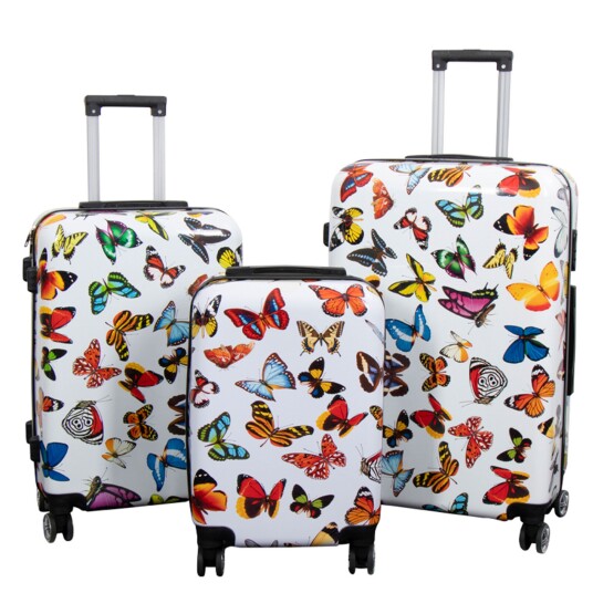 Borg Living Koffertsett - 3 stk. - koffert med motiv - hvit med sommerfugltrykk - hardcase lettvektskoffert med 4 hjul Borg Living Koffertsett - 3 stk. - koffert med motiv - hvit med sommerfugltrykk - hardcase lettvektskoffert med 4 hjul