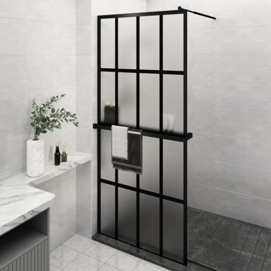 Dusjvegg med hylle svart 100x195 cm ESG-glass og aluminium