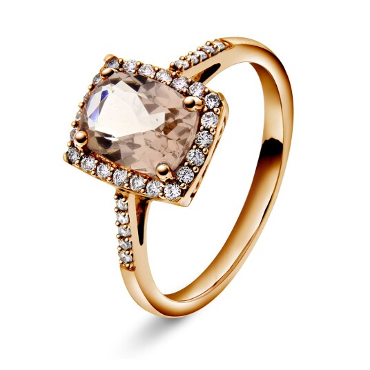 Jacqueline ring i 375 roségull med diamanter 0,20 ct og morganite sten, størrelse 58