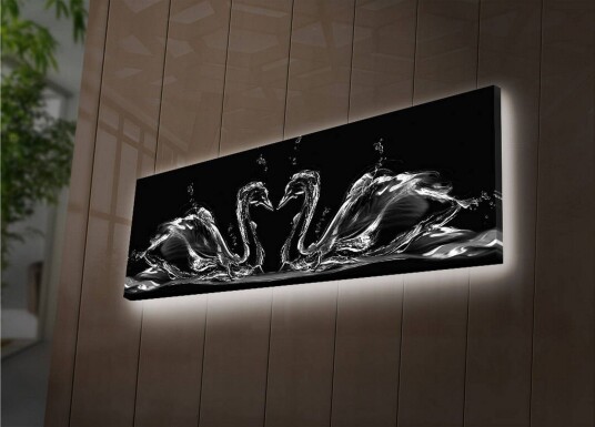 Lerretsbilde med LED belysning 30x90 cm Elegante svaner i vannbevegelse Svart / Hvit / Grå