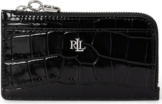 Lauren Ralph Lauren Croc Embossed Leather L Zip Card Case   BLACK   One Size