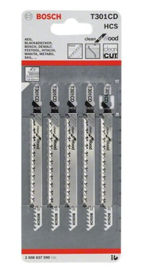Bosch T 301 CD Clean For Wood Stikksagblad 117 mm - 5 Deler for Kartong og Kryssfinér