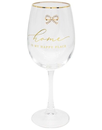 Elegant Vinglass "Home is my Happy Place" Gravert med Stener
