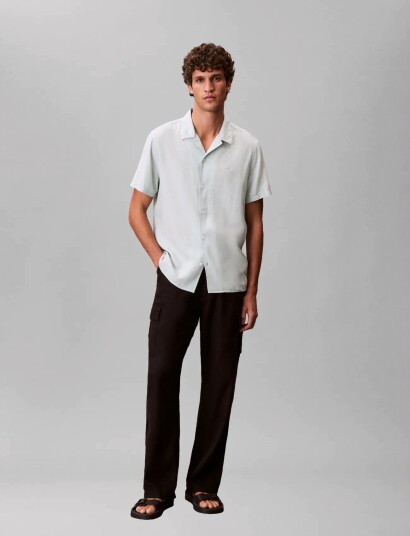 Calvin Klein Ss Camp Collar Solid Linen Class   Green   XS