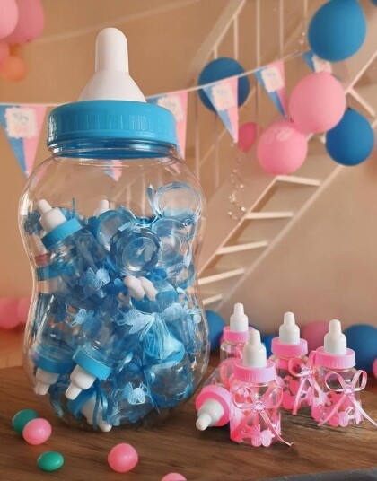 Stor Baby Blå Tåteflaske m/ 30 Små Tåteflasker Gjestegaver/Pynt Stor Baby Blå Tåteflaske m/ 30 Små Tåteflasker Gjestegaver/Pynt