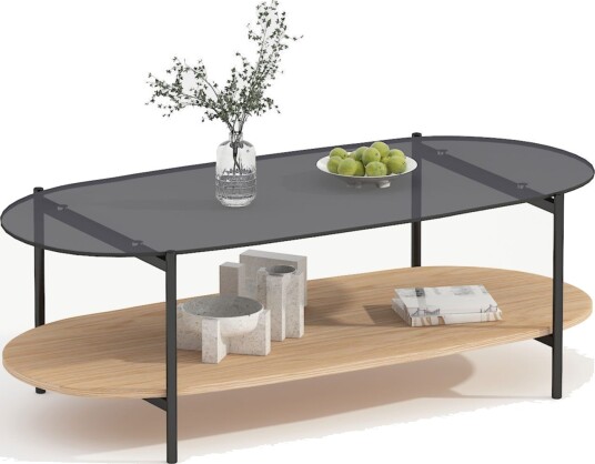 Sofabord HOME4YOU Cindy 120x55x40 cm grått glass/melamin eik - Grått glass / melamin eik