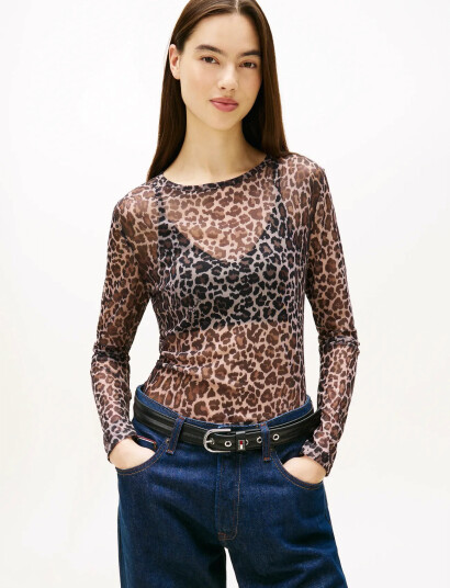 Tommy Jeans Tjw Slim Aop Mesh Ls Top Ext - Brown - L