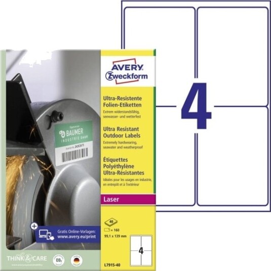 Avery Zweckform Ultra Resist. Folieetiketter 99,1 X 139 Mm Farge: Hvit Ekstremt Slitesterke Særlig Sterke – 1 Stk L7915 40