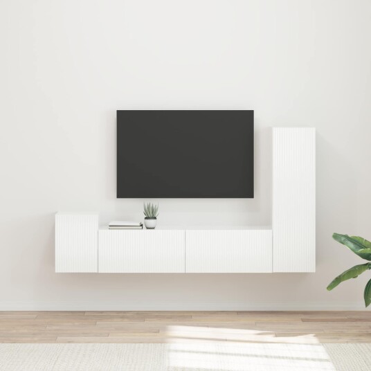 TV benksett Veggmontert 4 pcs Høyglanset hvit Konstruert tre