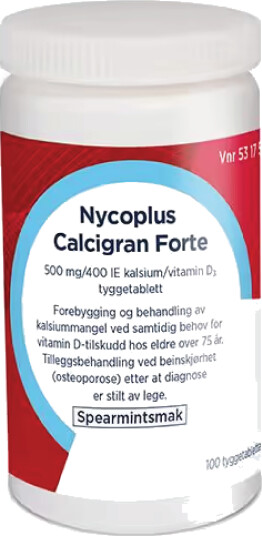 Nycoplus Calcigran Forte 500 mg/400 IE tyggetabletter, Spearmint, 100 stk.
