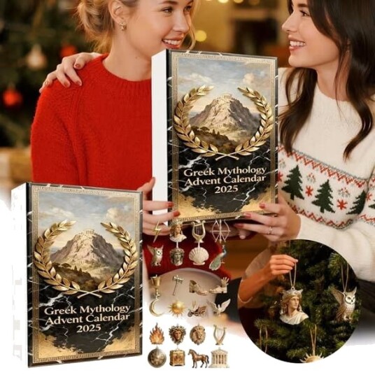 Gresk mytologi julekalender 2026 24 dagers nedtelling til jul med 2D flate gresk myte tema hengende ornamenter