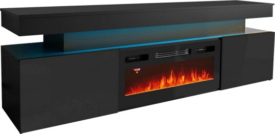 TV-benk Glenndale med oppbevaring + LED-kamin + Belysning 190 cm - Svart
