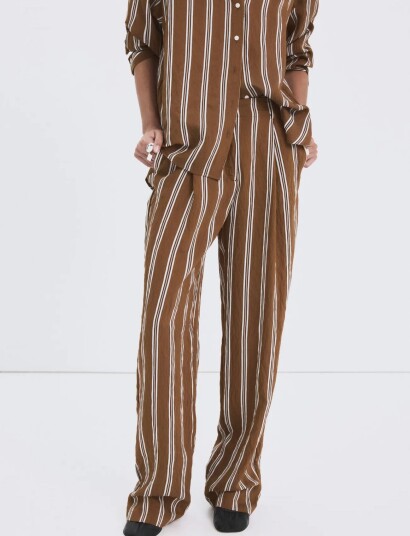 Mango Pleated Striped Trousers Brown L Mango Pleated Striped Trousers Brown L